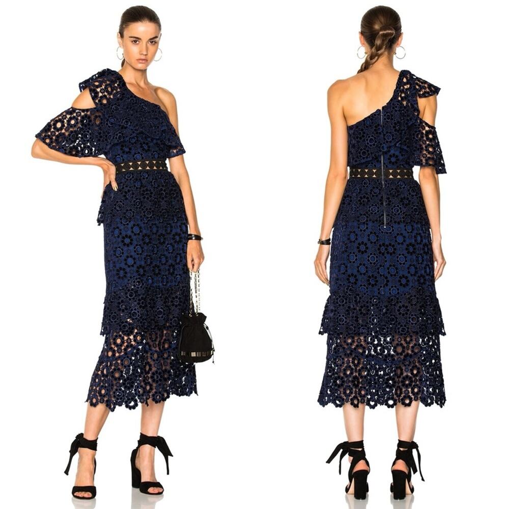SELF-PORTRAIT One Shoulder Midi Dress in Navy